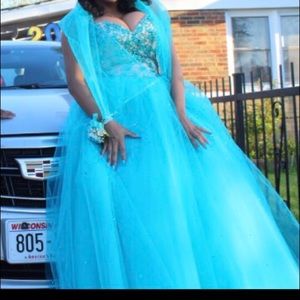 Blue strapless prom dress